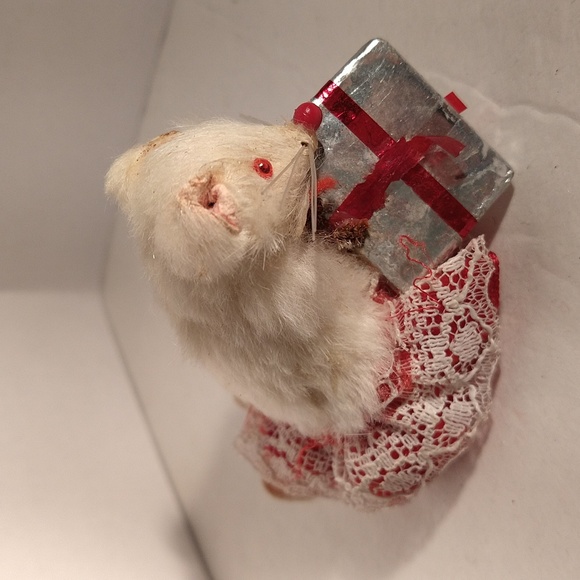 Original Fur Toy Mouse West Germany Miniature Red Eyes Christmas Gift Skirt - Picture 3 of 5